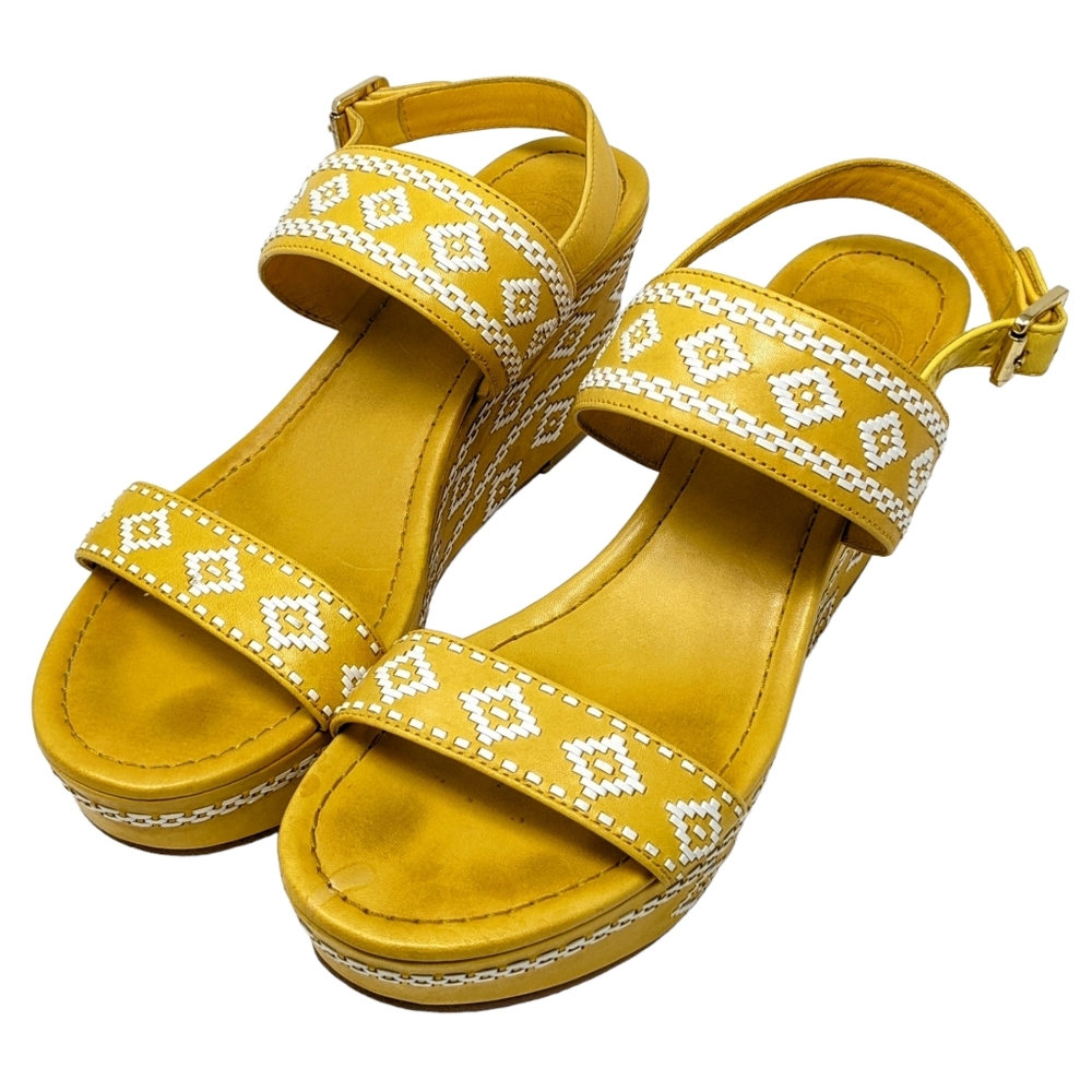 Tory Burch Reena Leather Platform Wedge Sandals Women's Size 9.5 M Yellow White